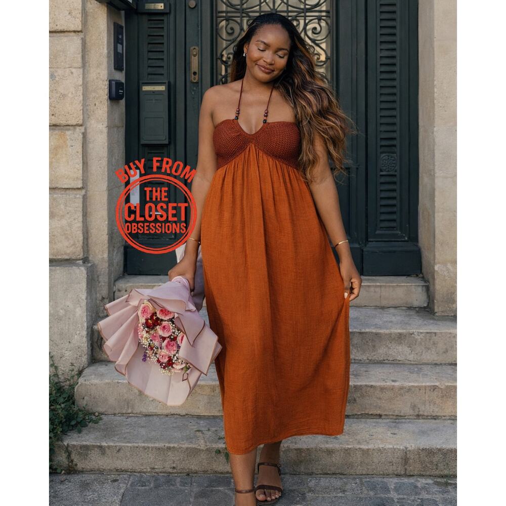 Zara NWT Rust Halter Cotton Midi Dress Boho Resort S - Picture 7 of 14